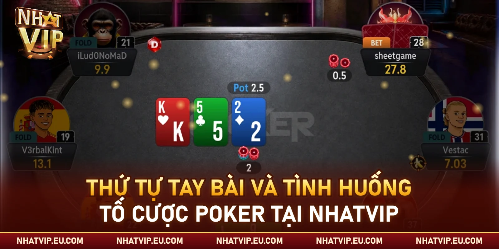 Thứ tự tay bài và tình huống tố cược poker tại Nhatvip